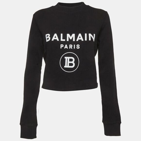 Balmain Sweaters - Balmain Black Logo Print Cotton Crop Sweatshirt S